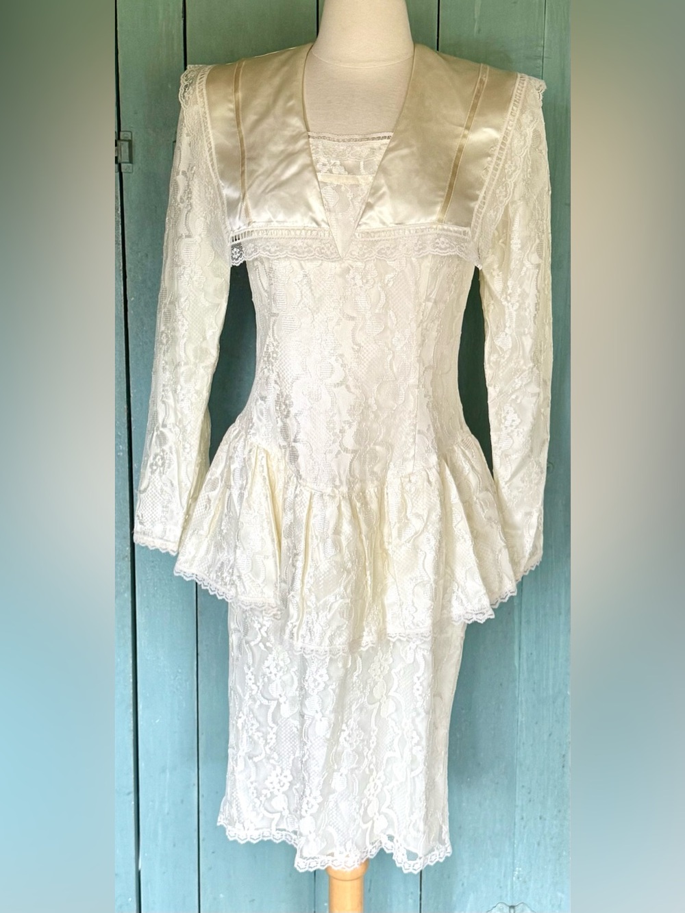 GUNNE SAX Ivory Sailor Collar Peplum Mesh Lace Midi Tea Dress Minty 9